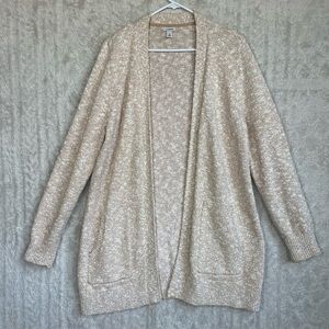 L.L. Bean Marled Tan White Long Open Knit Cardigan Sz XL Side Pockets